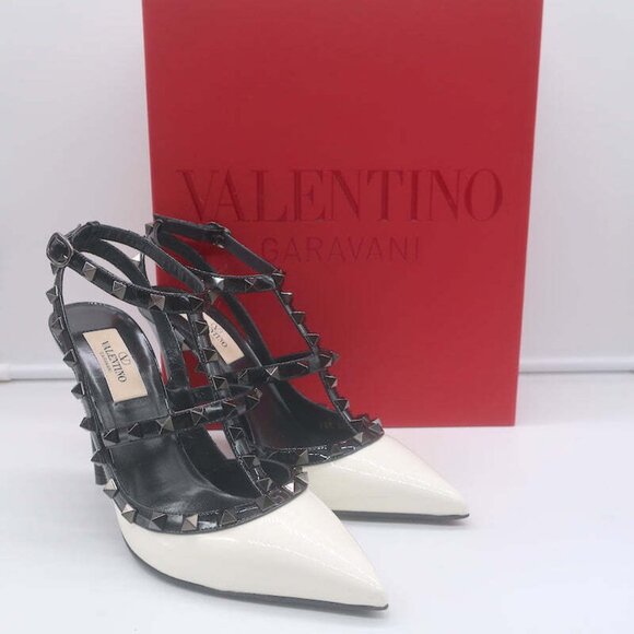 Valentino Rockstud Bicolor Cage Pumps White & Black Patent Leather Size 38.5 NEW - Picture 1 of 12